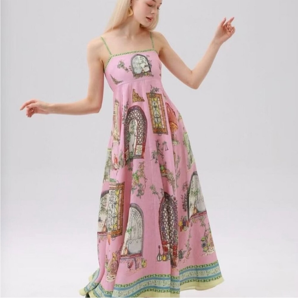 ALEMAIS Multicolour Monte Midi Dress in Linen, size 4 US